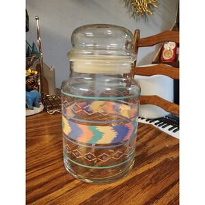 Vintage Pastel Aztec Print‎ Glass Kitchen Canister With Lid And Seal, Rare